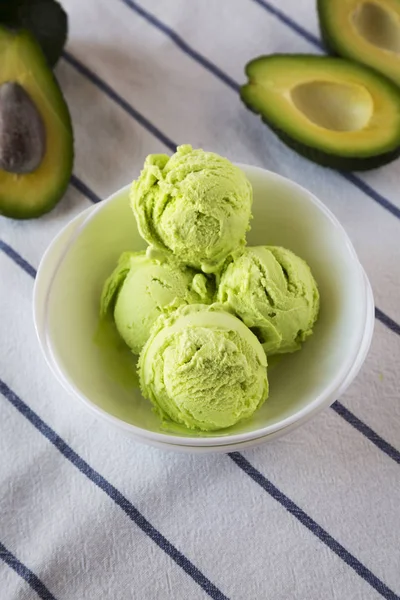 Homemade avocado ice cream in a bowl, low angle view. Close-up.