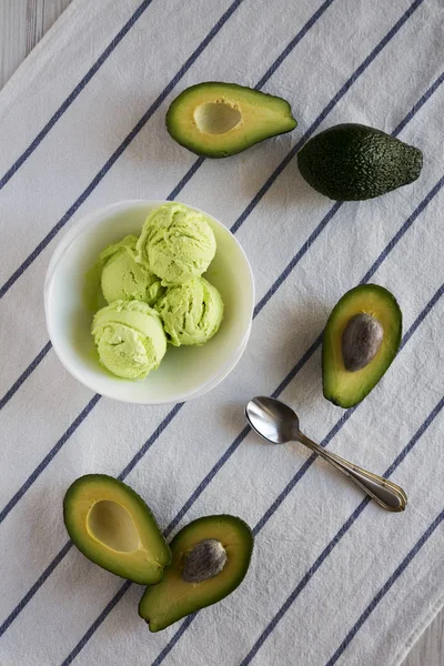 Homemade tasty avocado ice cream in a bowl, top view. From above, overhead, flat lay. Close-up.