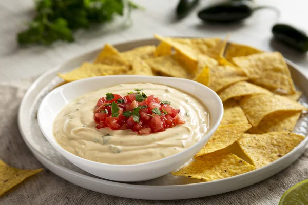 Sarı tortilla cipsi ile ev yapımı peynirli daldırma, yan görünüm. Yakın