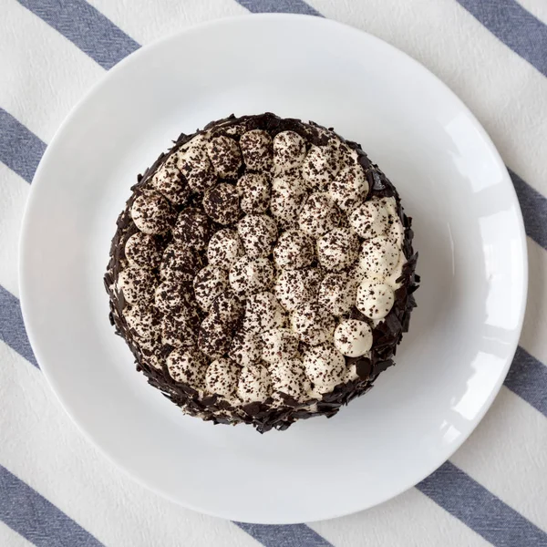 Hausgemachter Tiramisu-Kuchen auf weißem Teller, Blick über den Kopf. flache Lage — Stockfoto