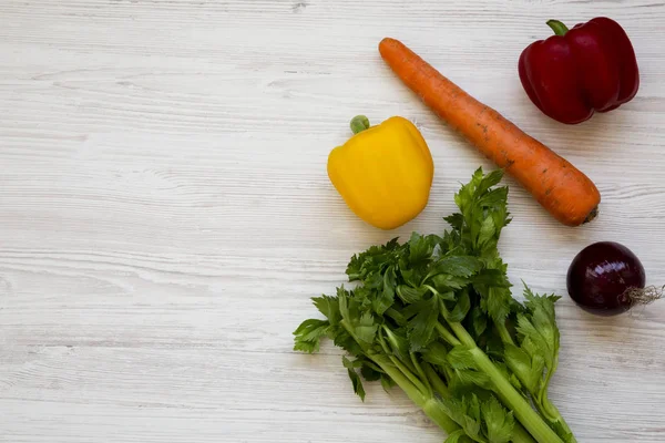 Verduras frescas (zanahoria, apio, cebolla, pimientos de colores) en una w — Foto de Stock
