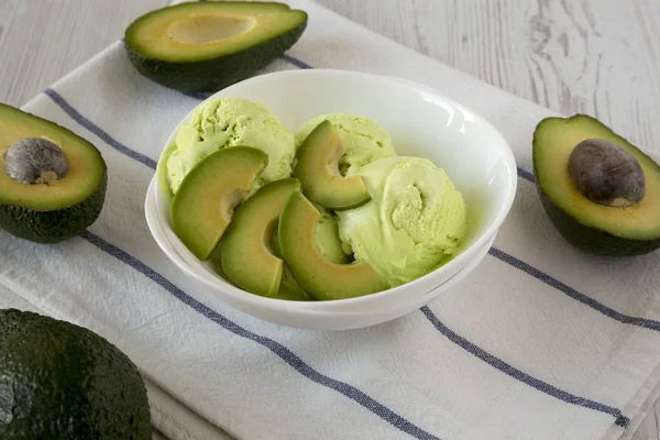 Homemade tasty avocado ice cream in a bowl, low angle view view.