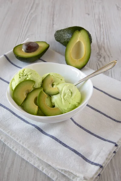 Homemade avocado ice cream in a bowl, side view. Closeup.