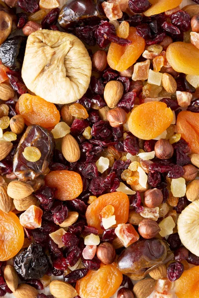 Kurutulmuş meyve ve fındık karışımı arka plan, üst görünümü. Close.