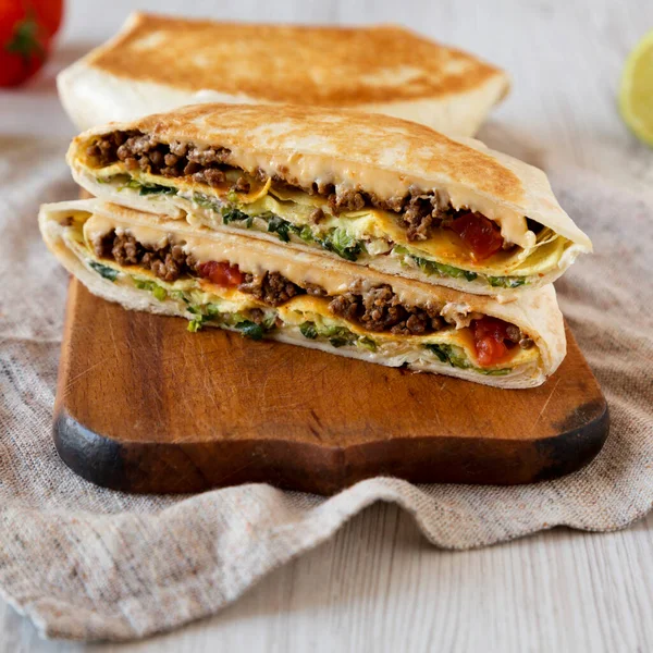 Tasty Homemade Beef Crunchwrap Quesadilla Rustic Wooden Board Side View — Stock Photo, Image