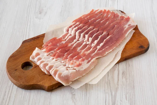 Uncooked Raw Bacon Rustic Wooden Board White Wooden Table Side — Stock Photo, Image