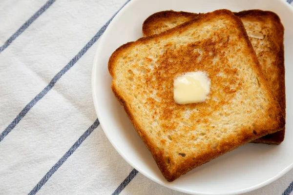 Homemade Buttered Toast White Plate Close Copy Space — Stock Photo, Image