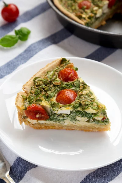 Piece Homemade Spinach Quiche White Plate Side View Close — Stock Photo, Image