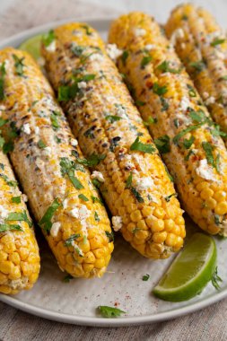 Tabakta ev yapımı Meksika sokak mısırı, yan manzara. Yakın plan..