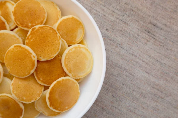 Homemade Mini Pancakes Cereal White Bowl Top View Flat Lay — Stock Photo, Image