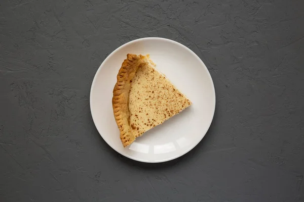Piece Homemade Sugar Cream Pie White Plate Gray Surface Top — Stock Photo, Image