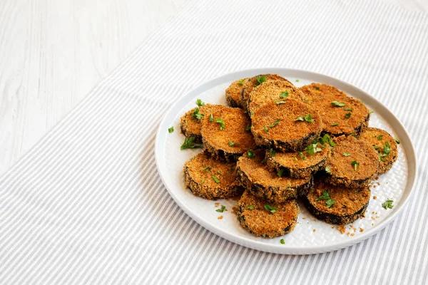 Homemade Garlic Parmesan Baked Eggplant Plate Side View Copy Space — Stock Photo, Image