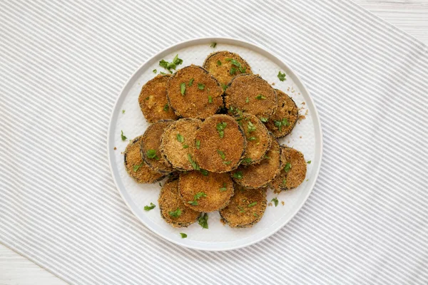 Homemade Garlic Parmesan Baked Eggplant Plate Overhead View Flat Lay — Stock Photo, Image