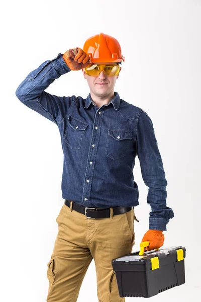 Retrato Reparador Construtor Capacete Com Caixa Ferramentas Mãos Isoladas Sobre — Fotografia de Stock