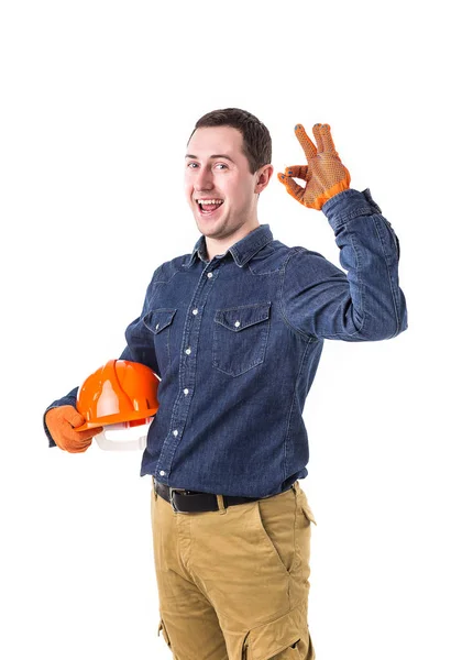 Retrato Reparador Sorridente Construtor Com Capacete Gesticulando Isolado Fundo Branco — Fotografia de Stock