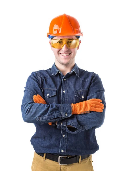 Porträtt Reparatör Builder Hjälm Gestikulerande Okej Isolerad Vit Bakgrund — Stockfoto