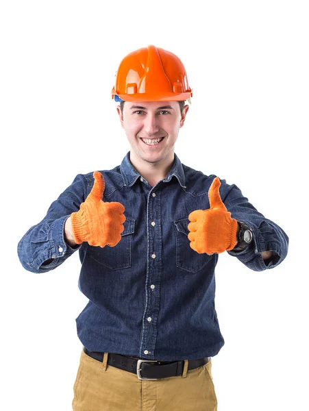 Retrato Del Reparador Sonriente Constructor Gesto Del Casco Bien Aislado — Foto de Stock