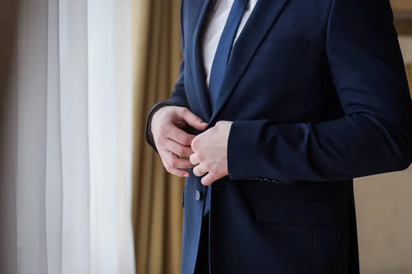 Businessman Wears Jacket Male Hands Closeup Groom Getting Ready Morning — Stock Photo, Image