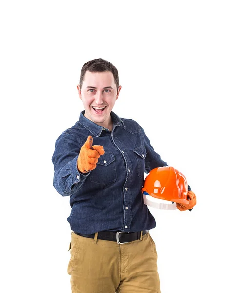 Porträt Eines Lächelnden Reparateurs Bauunternehmers Mit Helm Auf Weißem Hintergrund — Stockfoto