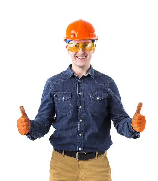 Retrato Reparador Sorridente Construtor Capacete Gestos Isolado Fundo Branco — Fotografia de Stock