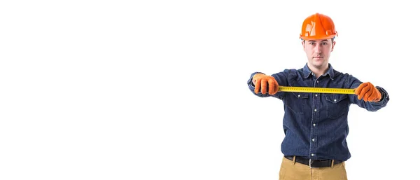 Repairman Builder Holds Tape Measure His Hand Isolated White Background — Stock Photo, Image