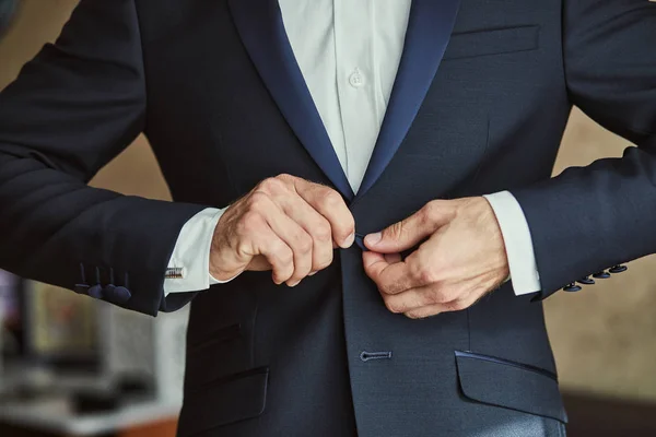 Businessman Wears Jacket Male Hands Closeup Groom Getting Ready Morning — Stock Photo, Image