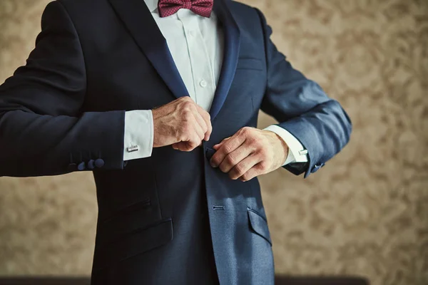 Businessman Wears Jacket Male Hands Closeup Groom Getting Ready Morning — Stock Photo, Image