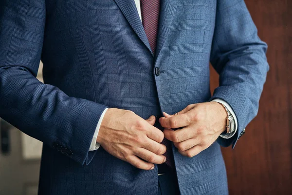 Businessman Wears Jacket Male Hands Closeup Groom Getting Ready Morning — Stock Photo, Image