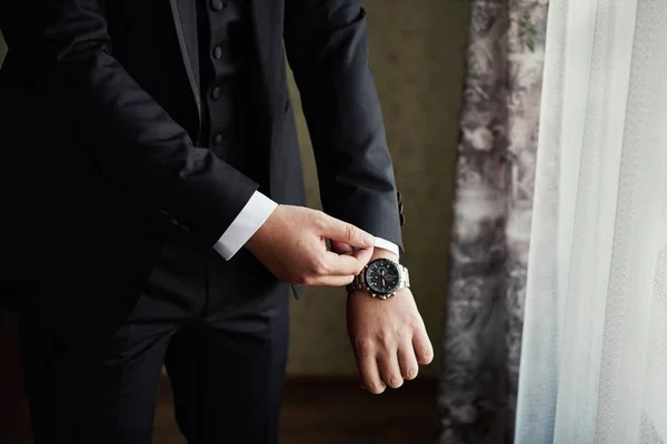 Businessman Wears Jacket Male Hands Closeup Groom Getting Ready Morning — Stock Photo, Image