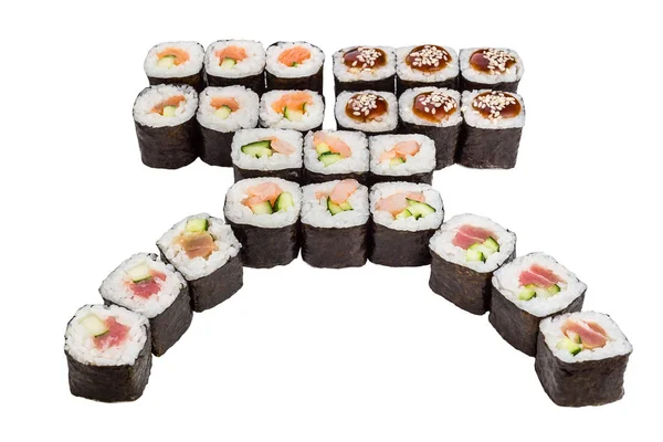 Vari tipi di gustoso rotolo di sushi isolato su sfondo bianco per il menu. Cibo giapponese — Foto Stock