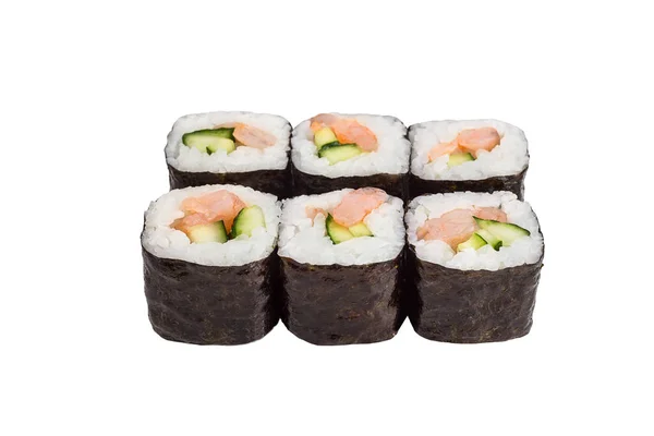Classico sushi roll con gamberetti e cetriolo isolato su sfondo bianco per menu. Cibo giapponese — Foto Stock