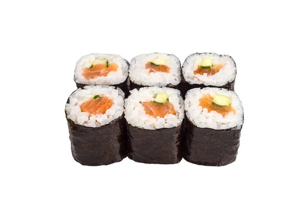 Classico sushi roll con salmone e avocado isolato su sfondo bianco per menu. Cibo giapponese — Foto Stock