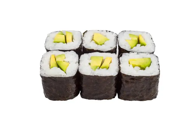 Klassisches veganes Rollsushi mit Avocado isoliert auf weißem Hintergrund für das Menü. japanisches Essen — Stockfoto