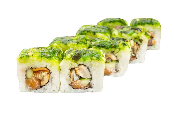 Sushi de rolo clássico com salmão, enguia defumada e abacate isolado em fundo branco para menu. Comida japonesa — Fotografia de Stock