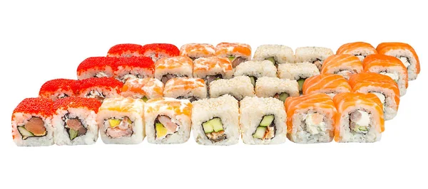 Varios tipos de sabroso rollo de sushi aislado sobre fondo blanco para el menú. Comida japonesa — Foto de Stock