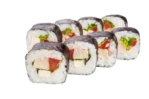 Sushi en rollo clásico con lechuga, pimiento dulce, queso y chiken aislados sobre fondo blanco para menú. Comida japonesa — Foto de Stock