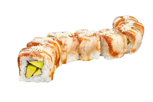 Sushi clásico en rollo con anguila ahumada y aguacate aislado sobre fondo blanco para menú. Comida japonesa — Foto de Stock