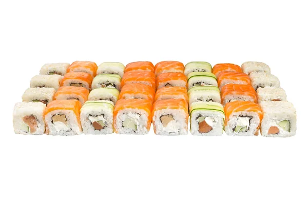 Vários tipos de rolo de sushi saboroso isolado no fundo branco para o menu. Comida japonesa — Fotografia de Stock