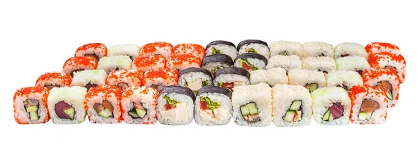 Vari tipi di gustoso rotolo di sushi isolato su sfondo bianco per il menu. Cibo giapponese — Foto Stock