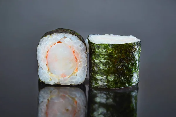 Classical roll sushi with crab sticks on black background for menu. Japanese food — Stock Photo, Image