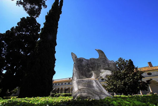 Statue Eines Nashorns Garten Des Michelangelo Kreuzganges Terme Diocleziano Römisches — Stockfoto