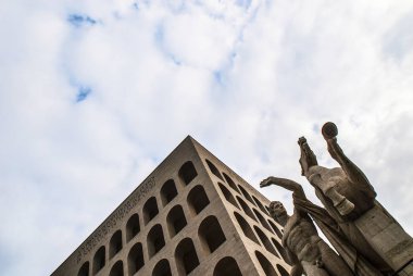 Il Palazzo della Civilta Italiana, a volte chiamato anche la Civilta del Lavoro, un edificio monumentale che si trova a Roma nel moderno quartiere EUR, Colosseo Quadrato, EUR, Expo, Rome, Italy,  Esposizione Universale
