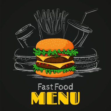 Fast food menü vektör Illustration. Susam ile renkli duble burger topuz, peynir, domates, marul, ketçap ve iki et köftesi tepesinde. Tebeşir siluetleri hamburger, patates kızartması, meşrubat alüminyum olabilir ve bir siyah üzerine çizilmiş saman ile Kupası kağıt
