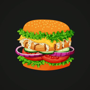 Izgara tavuk patty ile bir tavuk burger simge vektör çizim, susam tepesinde topuz, marul, peynir, beyaz mayonez sos, salatalık, kırmızı soğan ve domates bir karanlık bir arka plan.