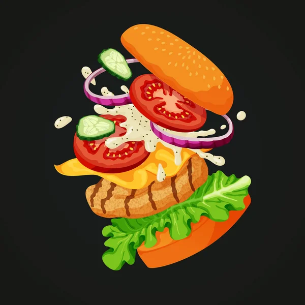 Ilustración Vectorial Una Hamburguesa Voladora Pollo Dividida Capas Que Muestran — Archivo Imágenes Vectoriales