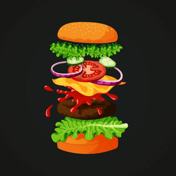 バーガーのベクトル図は表示成分の層に分離 ごまパン レタス ハンバーグ チーズ トマトのスライス 赤玉ねぎ 新鮮なキュウリ 暗い背景にトマト ケチャップをトッピング — ストックベクタ