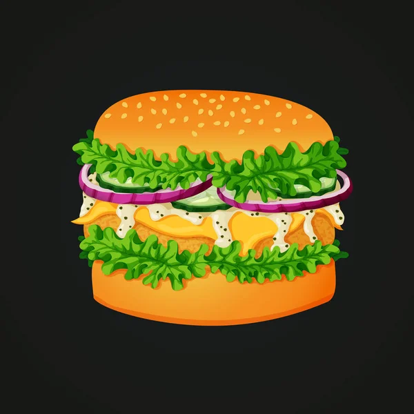 Vektorillustration Burger Ikon Med Belagda Patty Sesam Toppad Bulle Sallad — Stock vektor