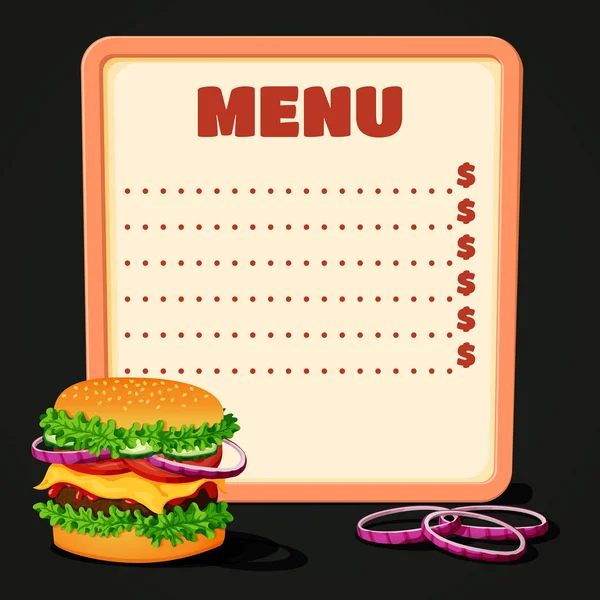 Ilustración Vectorial Menú Comida Rápida Con Hamburguesa Carne Rodajas Cebolla — Archivo Imágenes Vectoriales