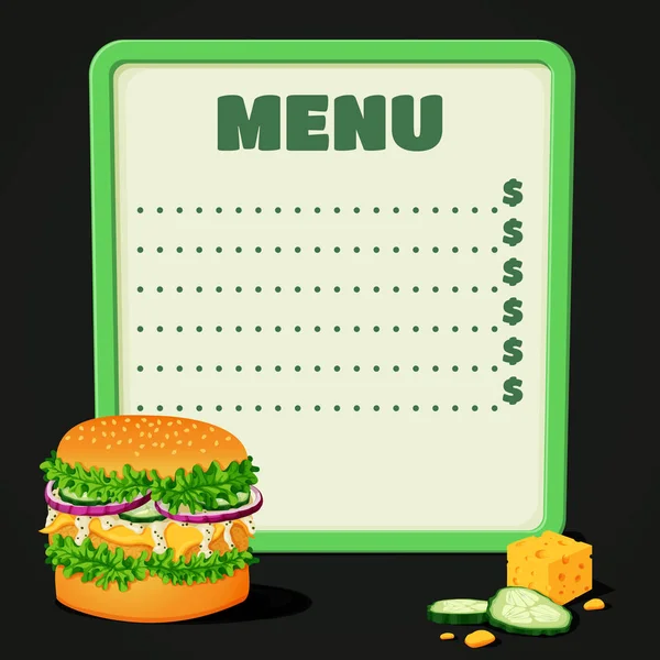 Векторная Иллюстрация Меню Быстрого Питания Гамбургером Огуречными Ломтиками Сыром Тёмном — стоковый вектор