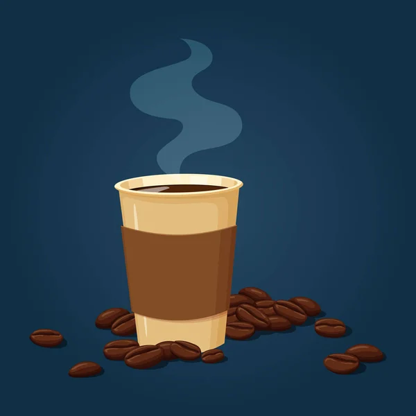 Vektorové Ilustrace Jednorázové Poháru Naplněného Horkou Kávou Kávová Zrna — Stockový vektor